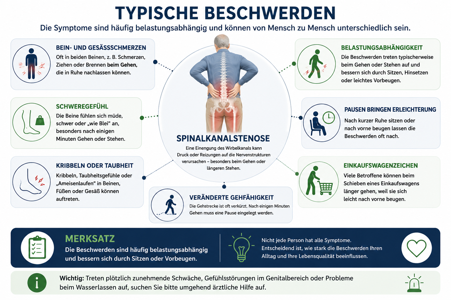 Infografik: Typische Beschwerden bei Spinalkanalstenose – Bein- und Gesäßschmerzen, Schweregefühl, Kribbeln, verkürzte Gehstrecke.