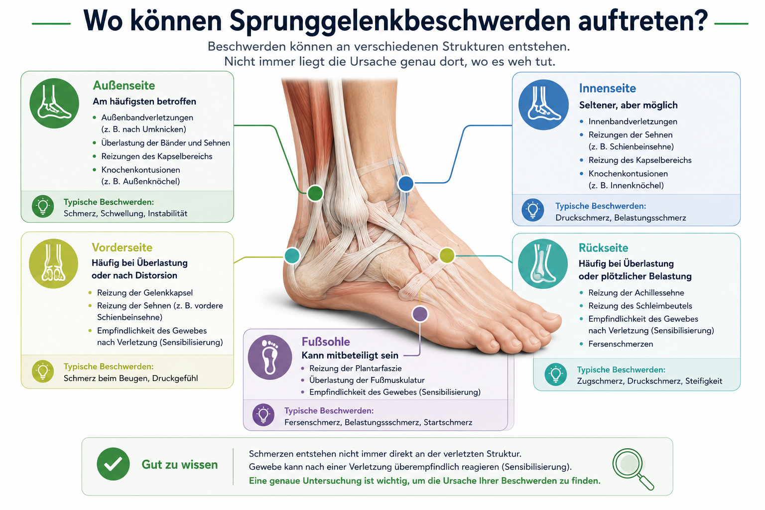 Infografik mit den wichtigsten Fakten zu Sprunggelenkbeschwerden auf einen Blick
