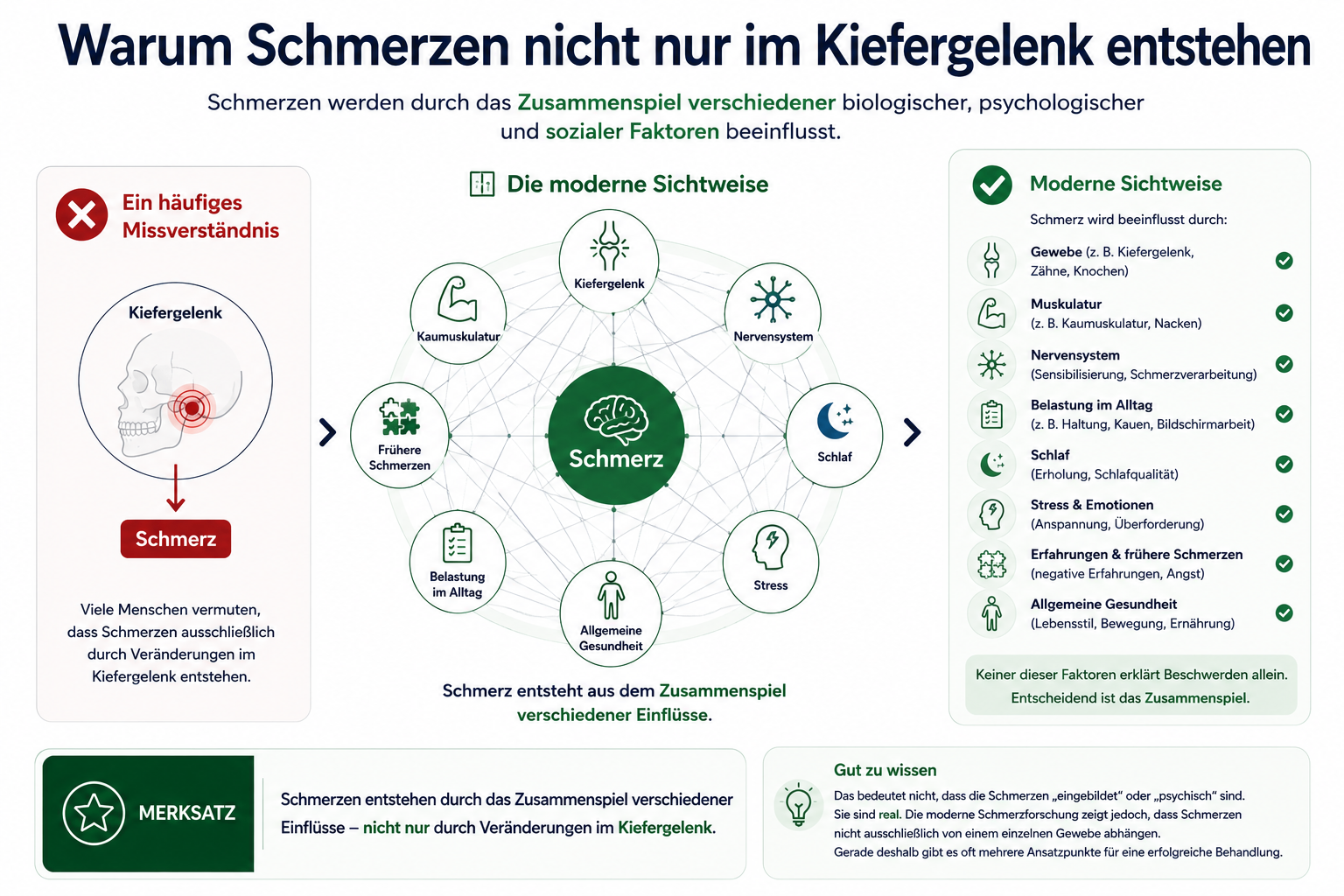 Infografik zur modernen Schmerzsicht bei CMD mit mehreren Einflussfaktoren