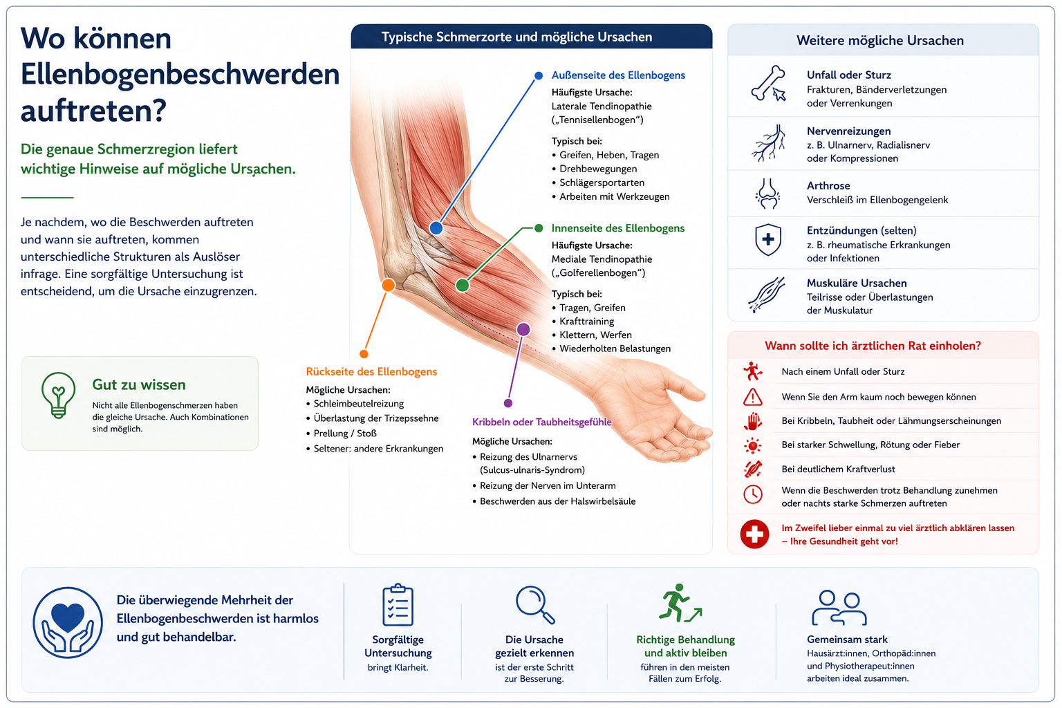Infografik zu typischen Schmerzorten und möglichen Ursachen bei Ellenbogenbeschwerden