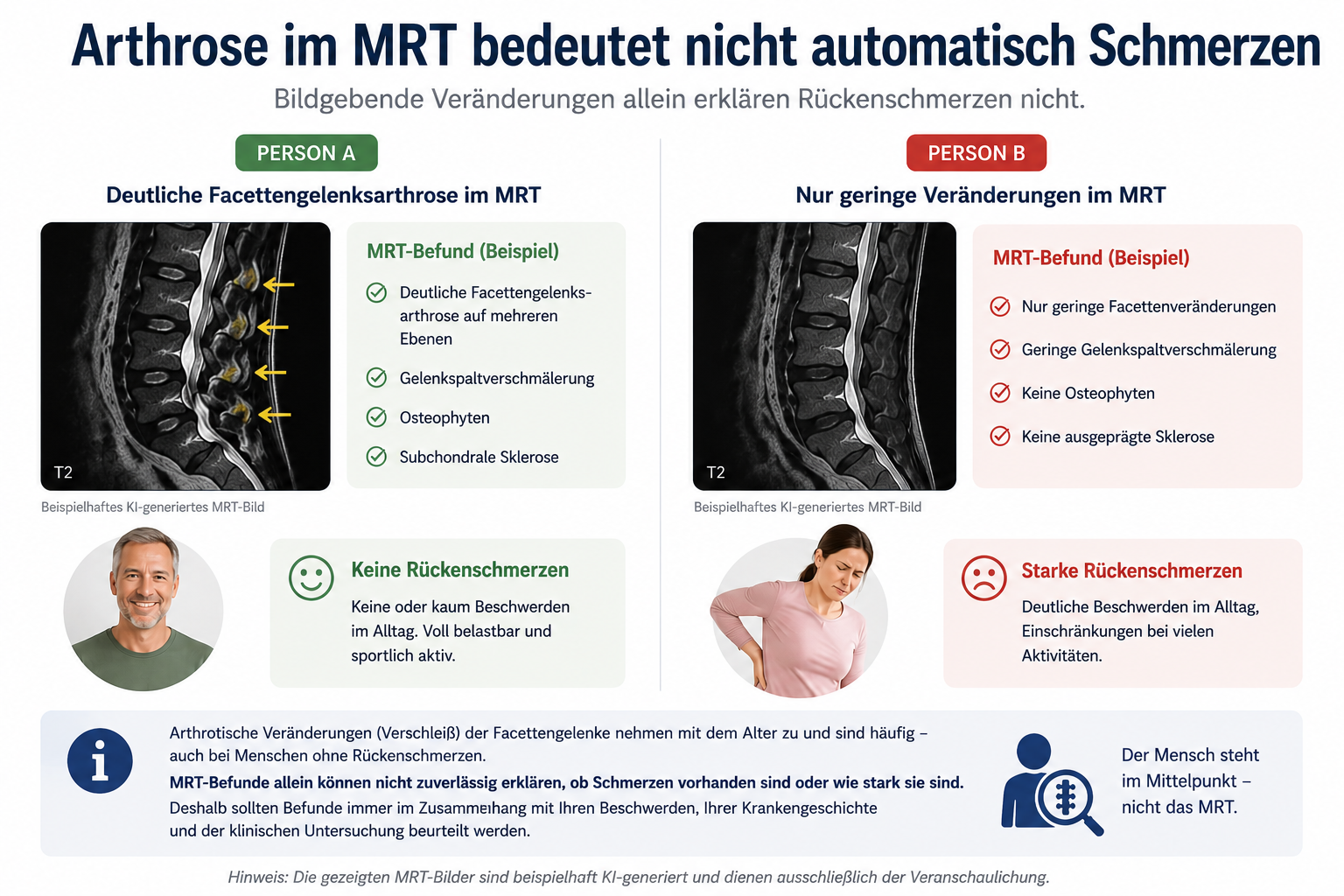 Infografik: Arthrose im MRT bedeutet nicht automatisch Schmerzen. Vergleich Person A mit deutlicher Facettengelenksarthrose und ohne Beschwerden vs. Person B mit nur geringen Veränderungen, aber starken Rückenschmerzen.