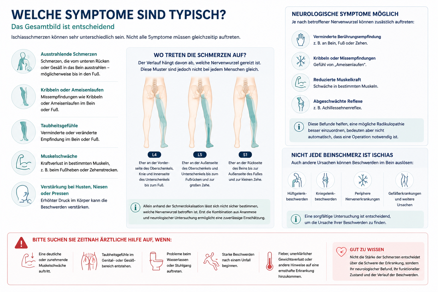 Infografik: Typische Ausstrahlungsmuster und neurologische Symptome bei radikulären Beinschmerzen.