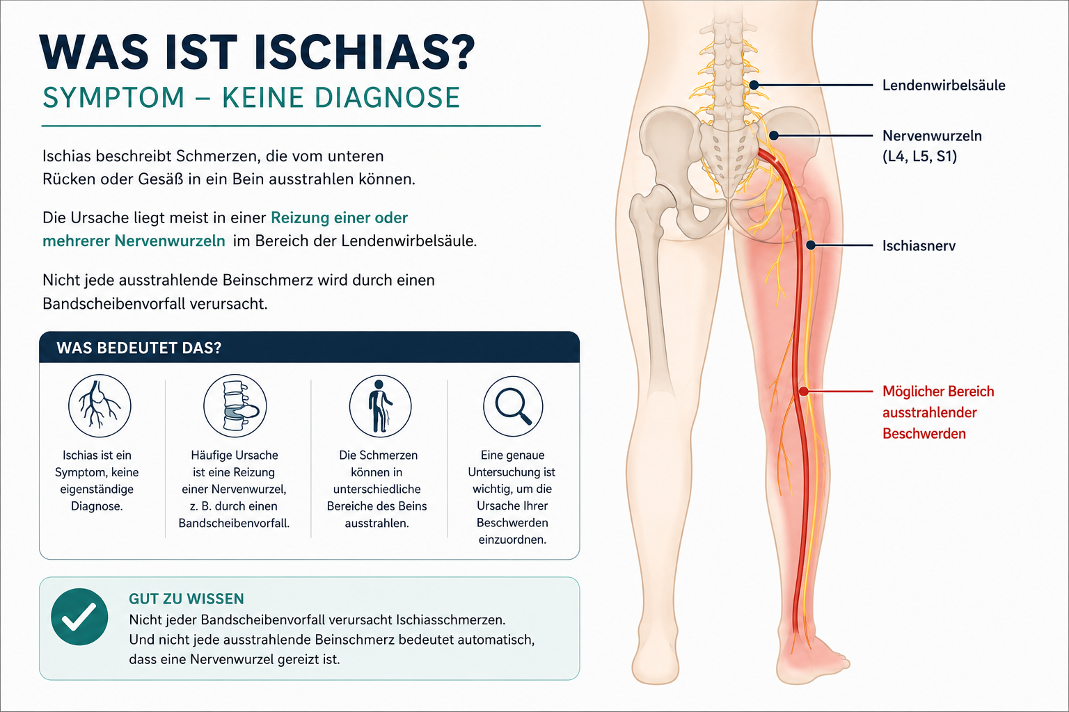 Infografik: Ischias als Symptom – Nervenverlauf und typische Ausstrahlung.