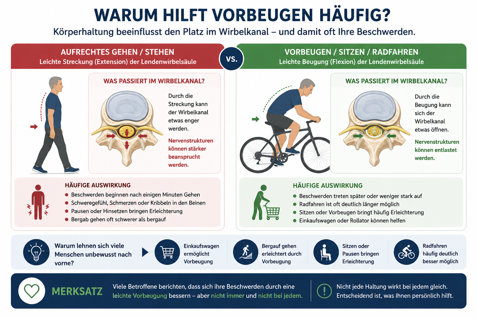 Infografik: Warum hilft Vorbeugen häufig? Vergleich von Extension beim Gehen und Flexion beim Sitzen/Radfahren.