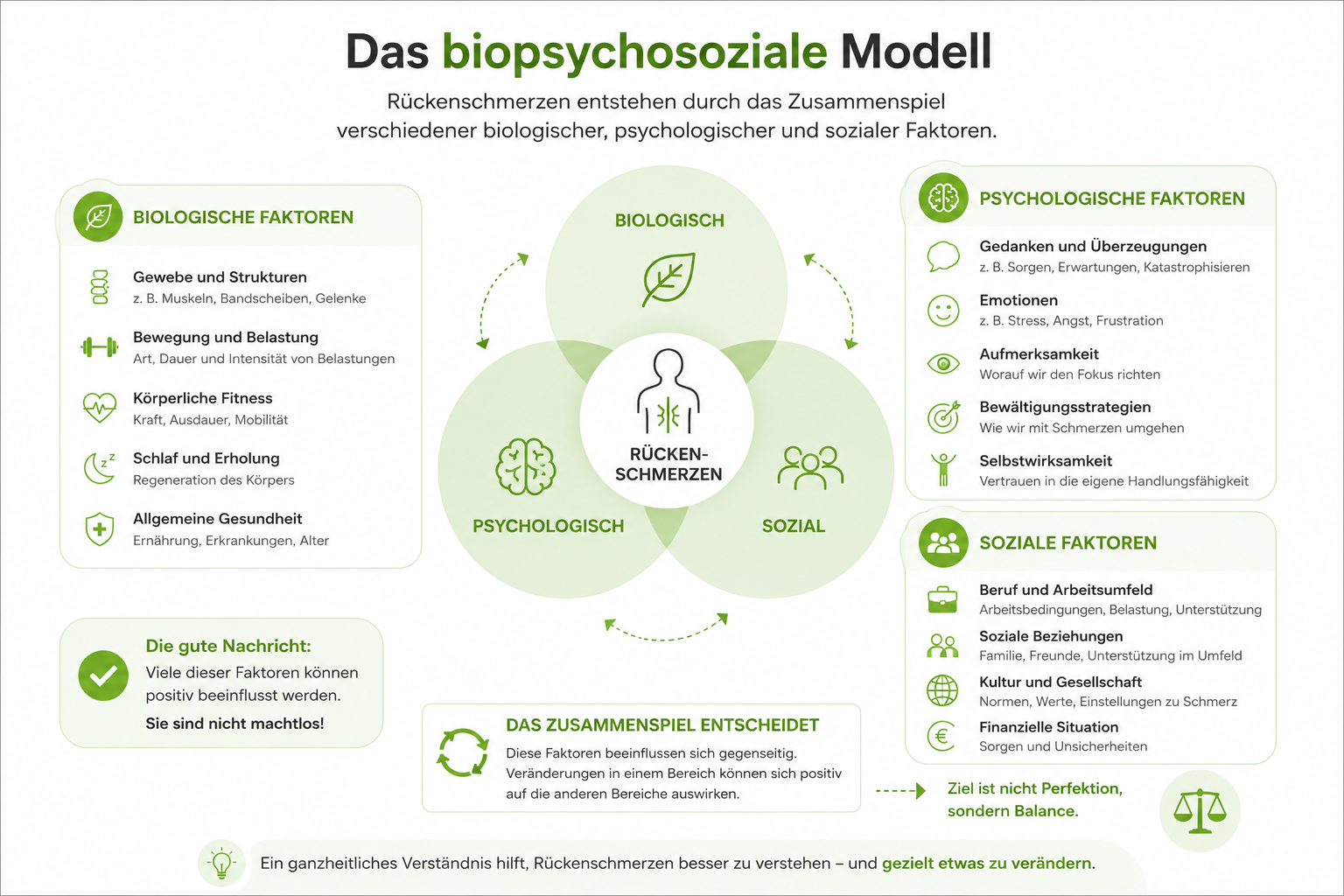 Infografik zum biopsychosozialen Modell bei Rückenschmerzen