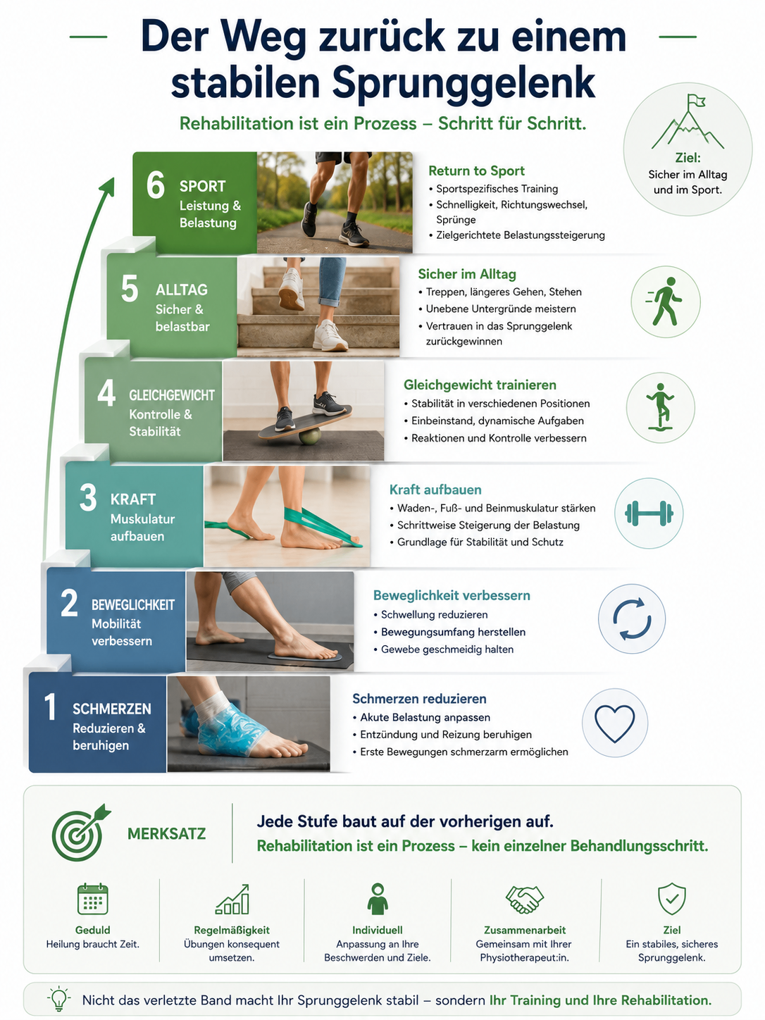 Infografik: Stufenweiser Rehabilitationsverlauf nach einer Sprunggelenkverletzung – Schmerz, Beweglichkeit, Kraft, Gleichgewicht, Alltag, Sport