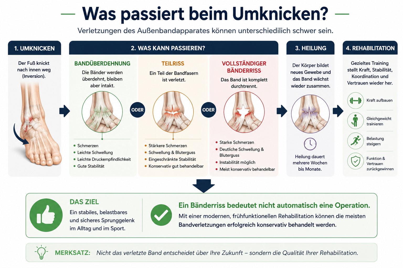 Infografik zu den verschiedenen Schweregraden von Außenbandverletzungen am Sprunggelenk