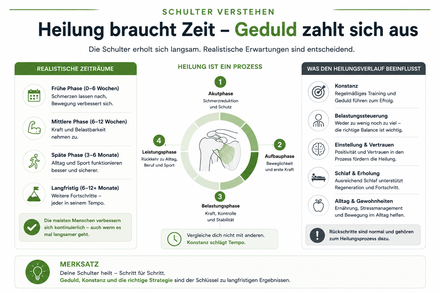 Infografik zum Heilungsverlauf bei Schulterschmerzen und realistischer Zeiterwartung