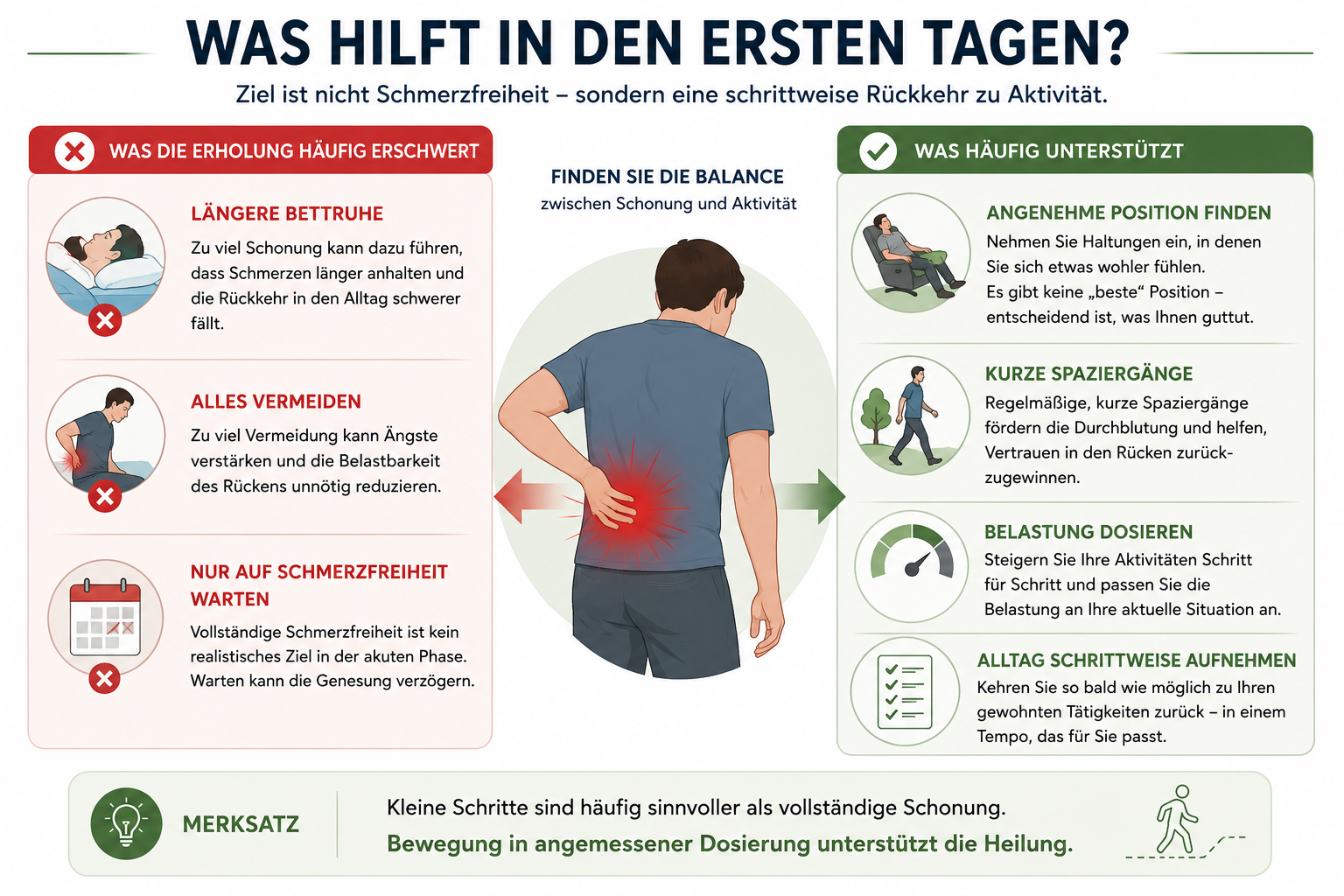 Infografik: Was hilft in den ersten Tagen? Balance zwischen Schonung und Aktivität.