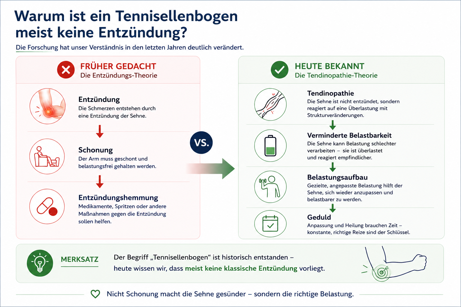 Infografik dazu, warum ein Tennisellenbogen meist keine klassische Entzündung ist