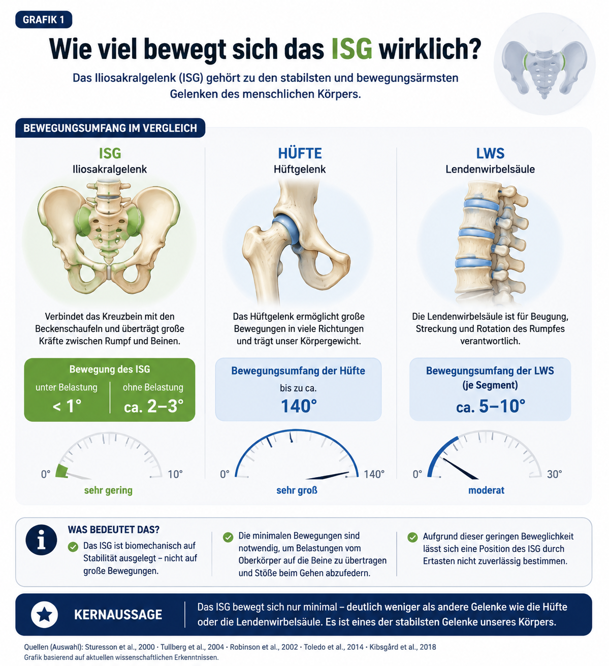 Infografik: Wie viel bewegt sich das ISG wirklich? Bewegungsumfang im Vergleich zu Hüfte und Lendenwirbelsäule.