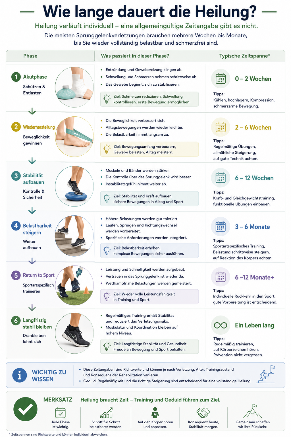 Infografik zu typischen Zeitspannen nach einer Sprunggelenkverletzung – von der Akutphase bis zur Rückkehr in den Sport