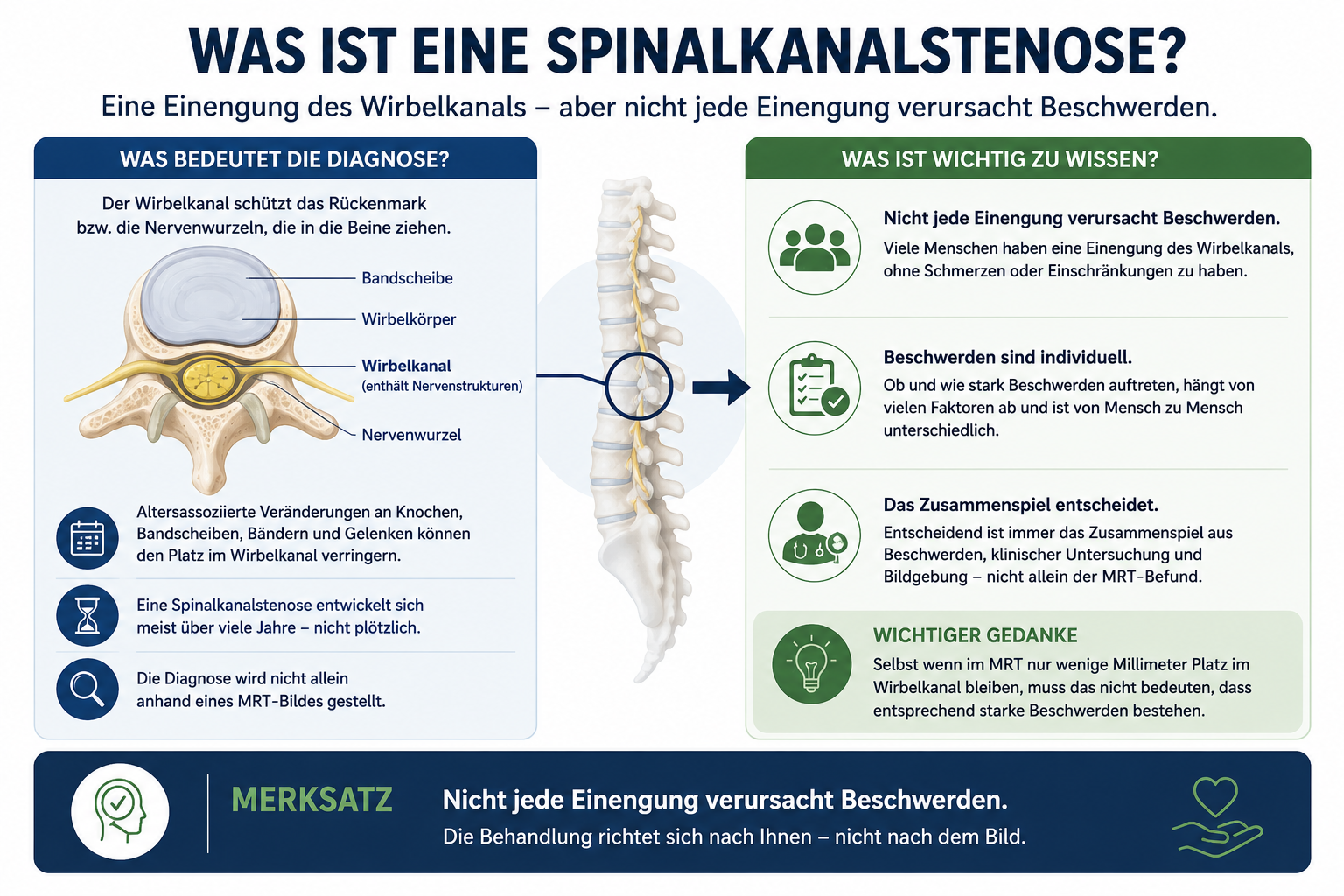 Infografik: Was ist eine Spinalkanalstenose? Anatomie des Wirbelkanals und wichtige Grundlagen.
