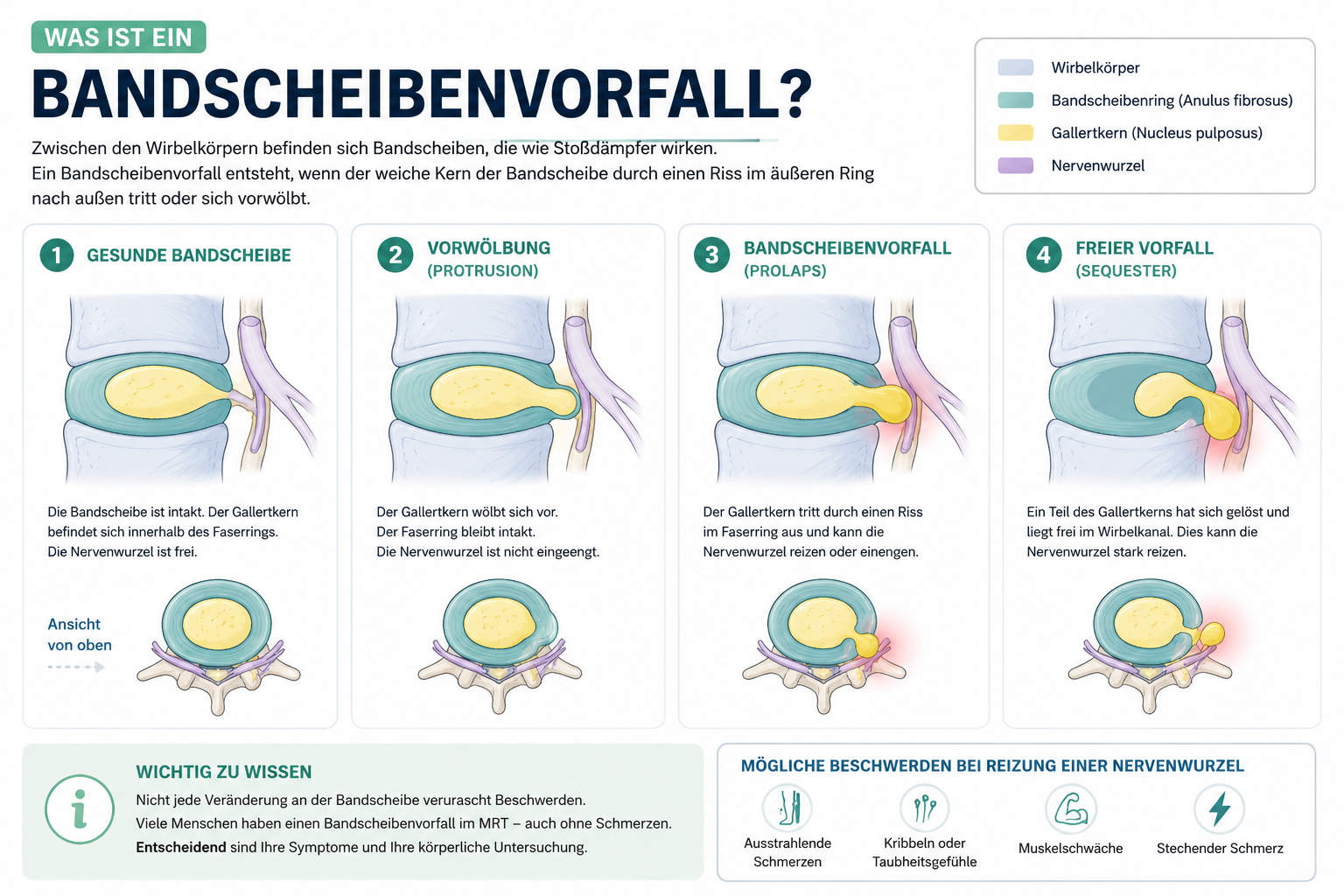 Infografik: Was ist ein Bandscheibenvorfall? Vier Stadien von gesunder Bandscheibe bis freiem Sequester.