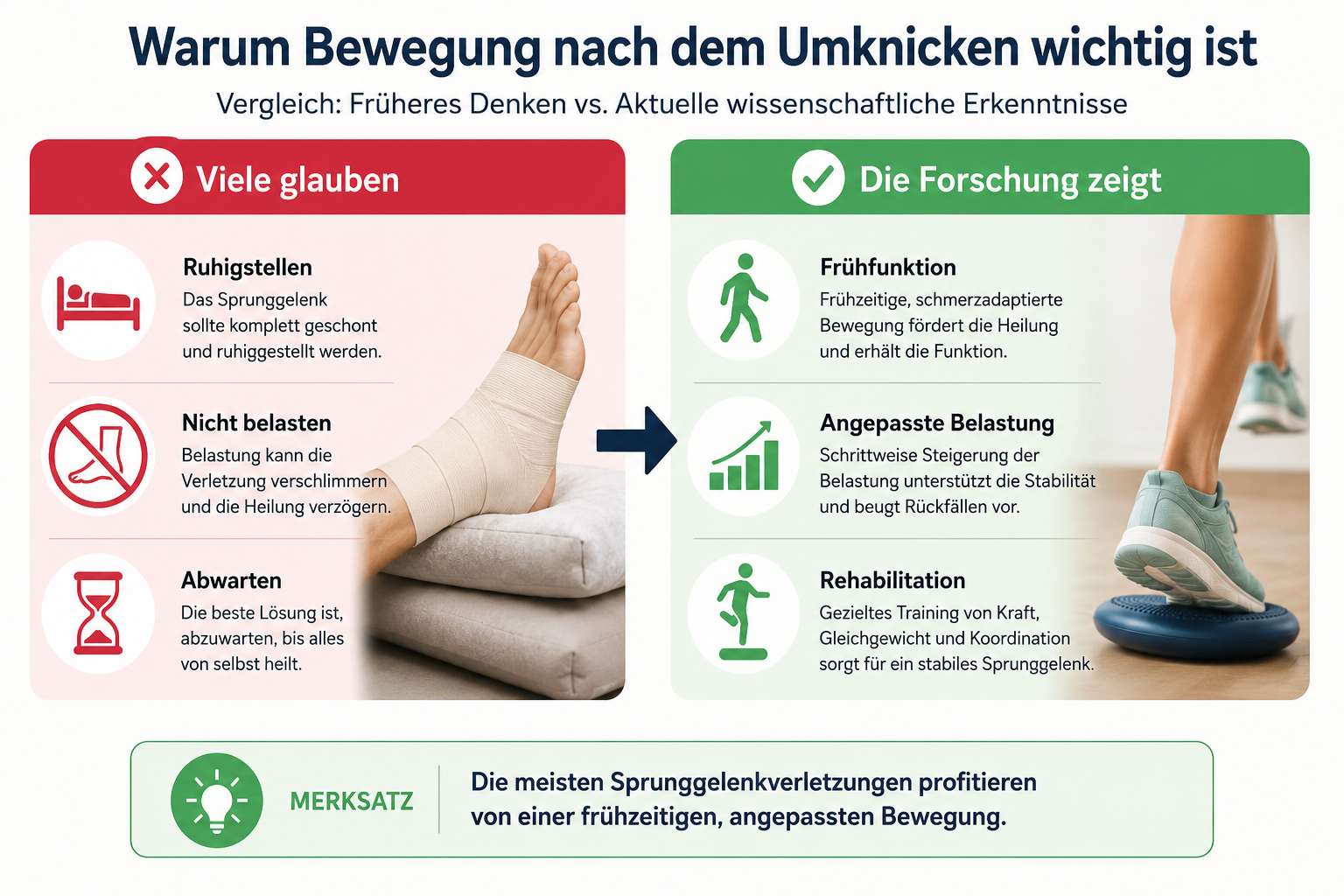 Infografik: Warum frühzeitige Bewegung nach dem Umknicken wichtig ist – früheres Denken vs. aktuelle Evidenz