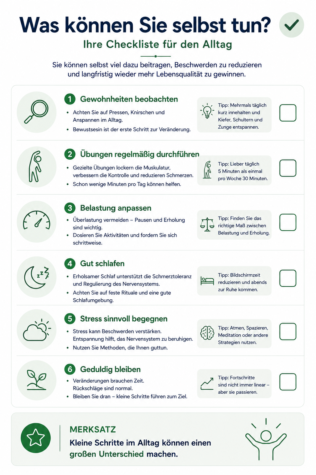Infografik mit einer alltagsnahen Checkliste zum Selbstmanagement bei CMD
