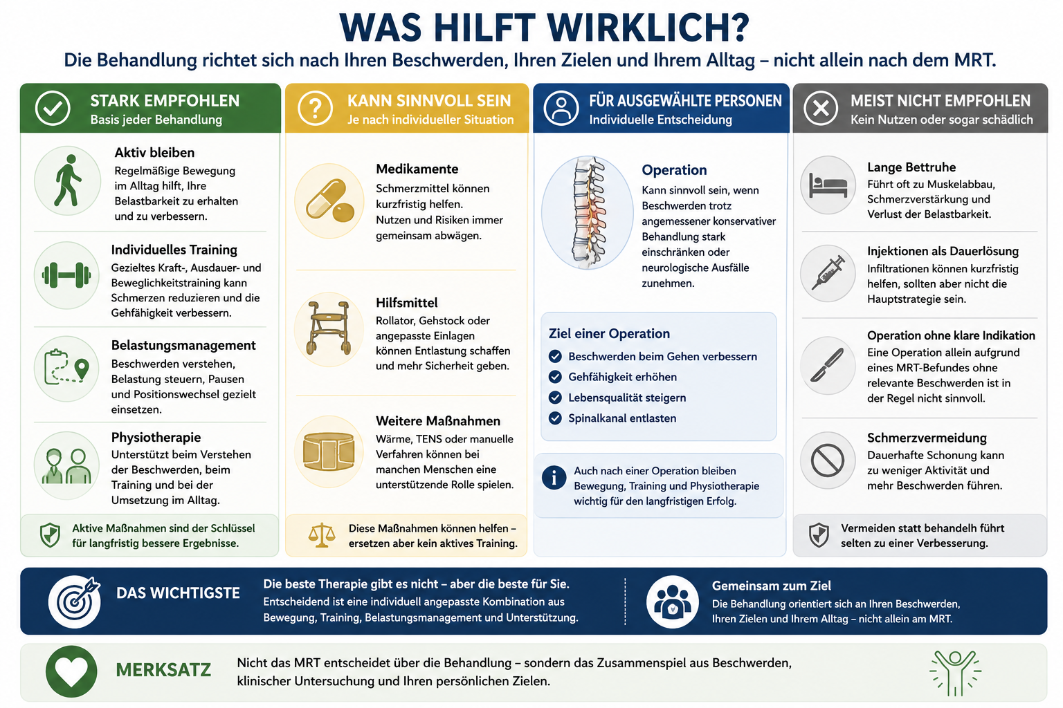 Infografik: Was hilft wirklich bei Spinalkanalstenose? Stark empfohlene, sinnvolle, ausgewählte und meist nicht empfohlene Maßnahmen.