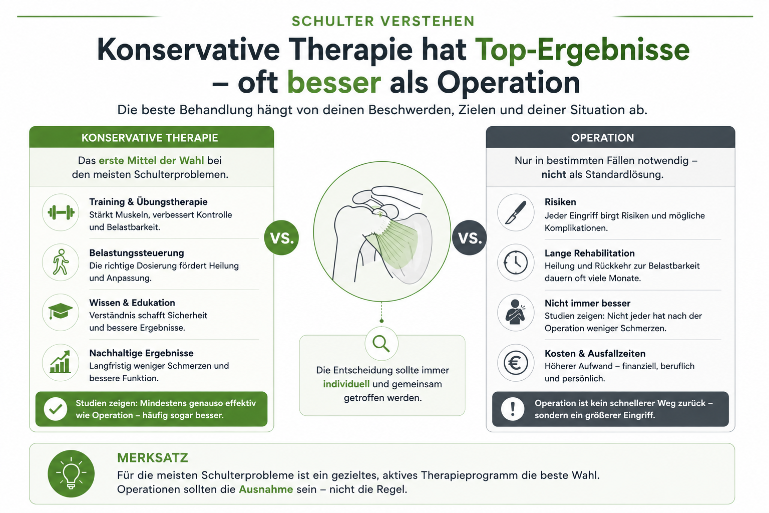 Infografik zur konservativen Therapie im Vergleich zur Operation bei Schulterschmerzen