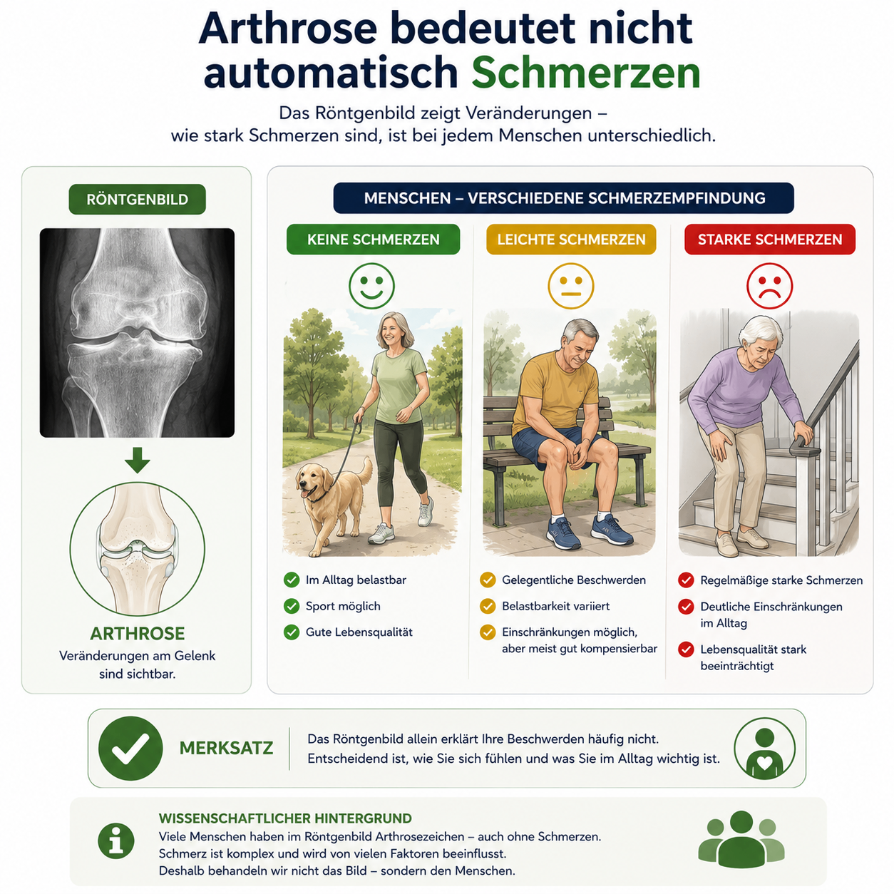 Infografik: Arthrose bedeutet nicht automatisch Schmerz bei Knieproblemen