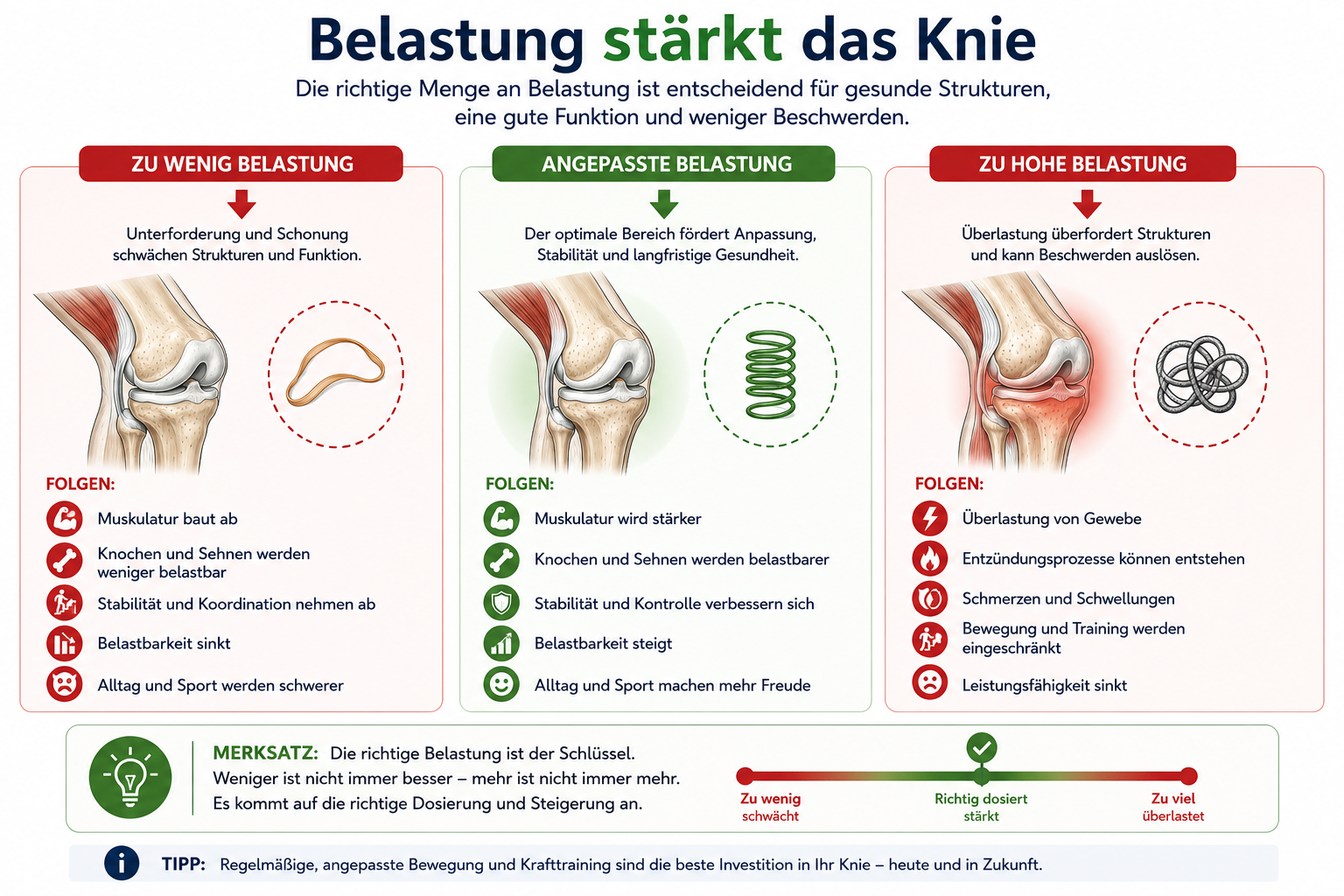 Infografik zur angepassten Belastung und zum Kraftaufbau bei Knieproblemen