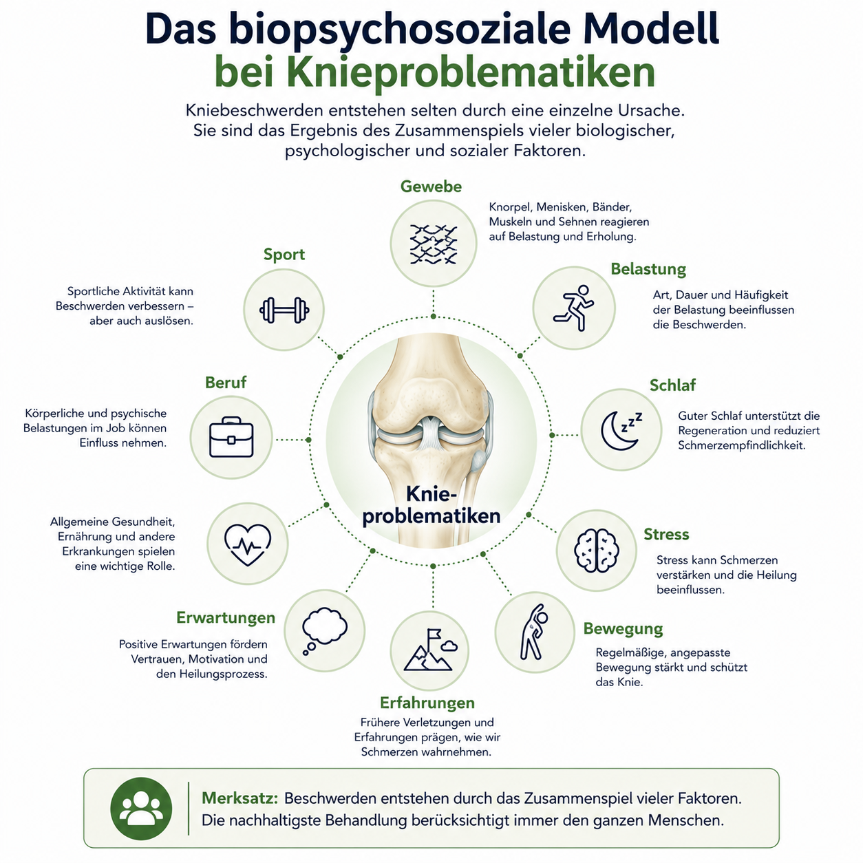 Infografik zum biopsychosozialen Modell bei Knieproblematiken