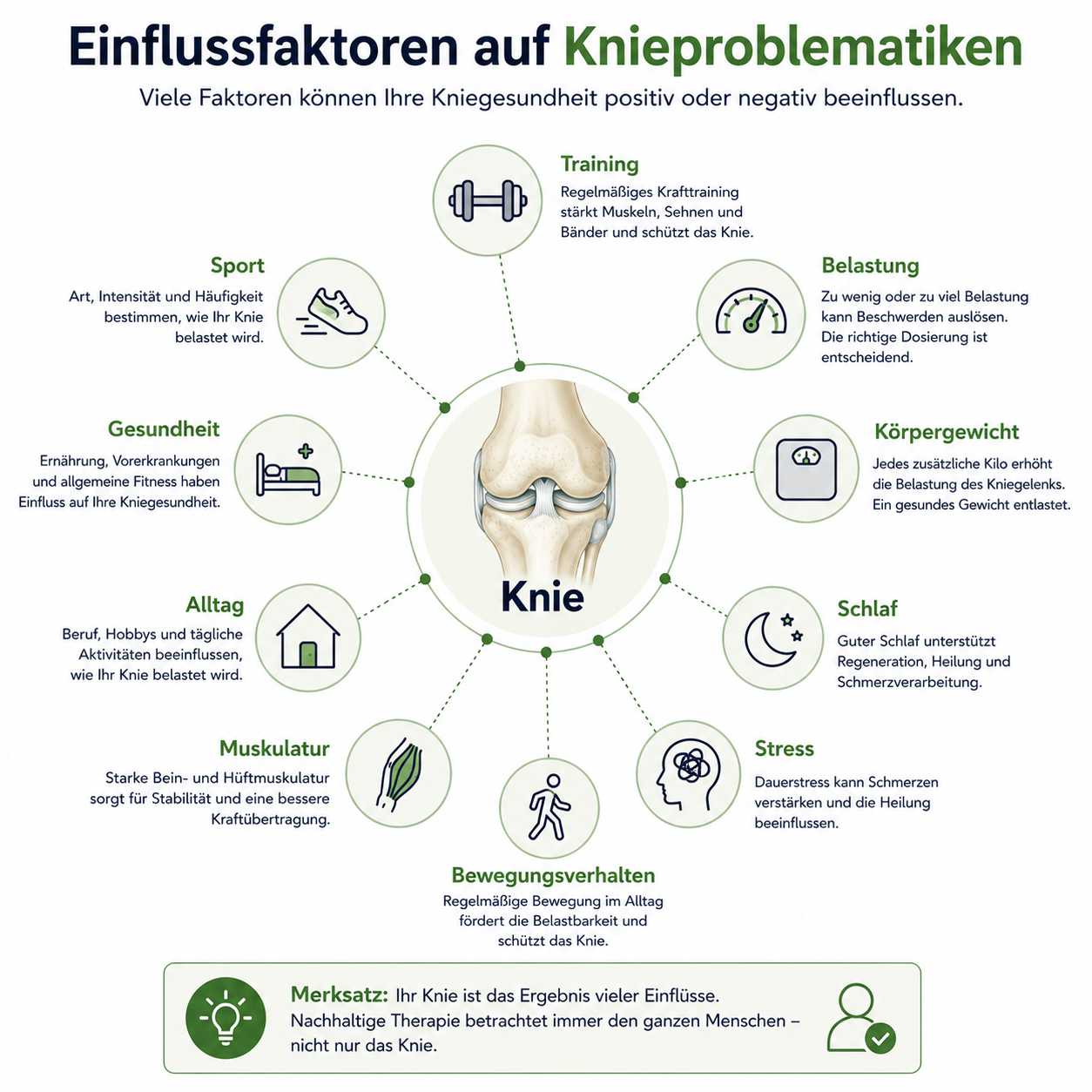 Infografik zu Einflussfaktoren auf Knieproblematiken