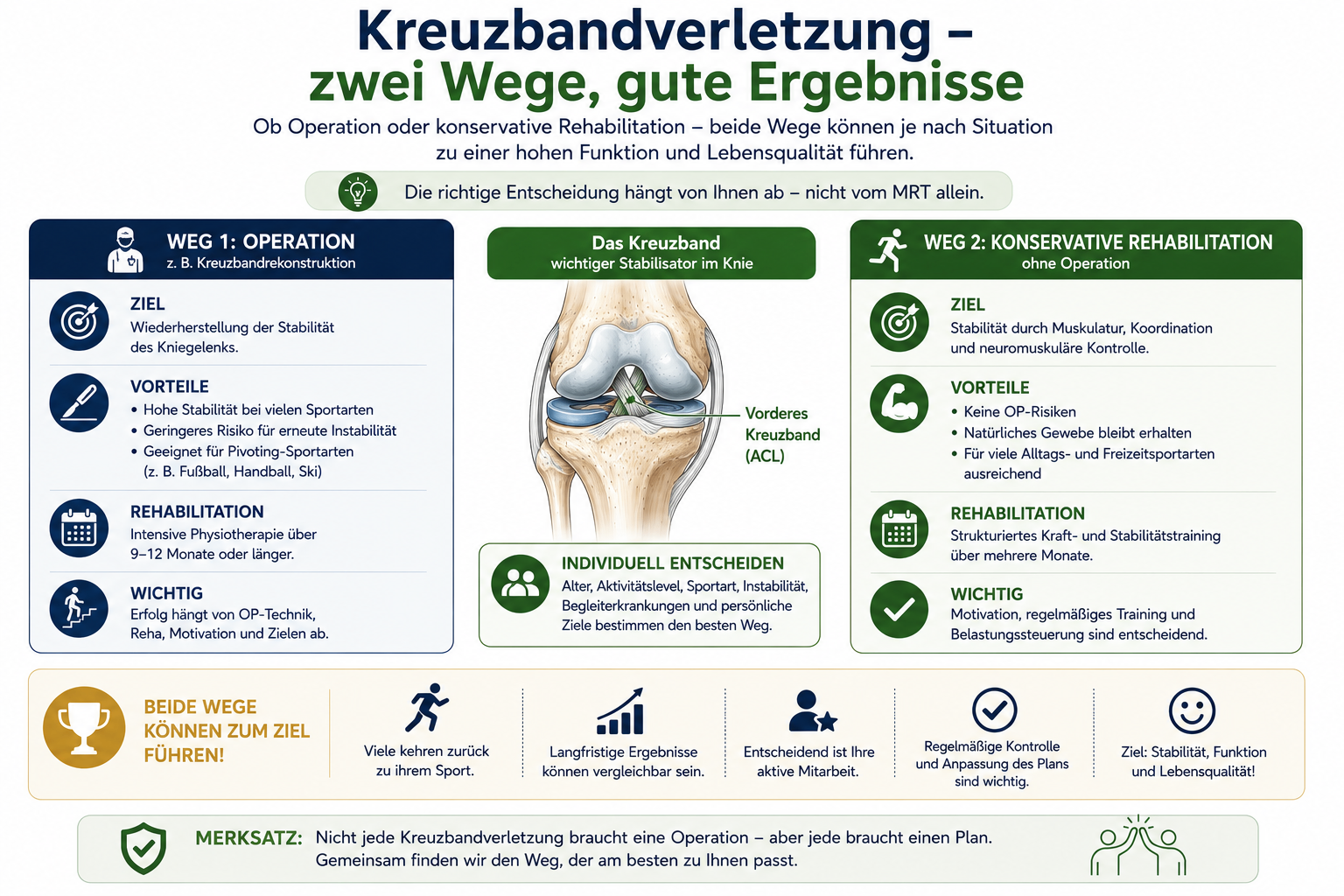 Infografik zur konservativen oder operativen Einordnung von Kreuzbandverletzungen
