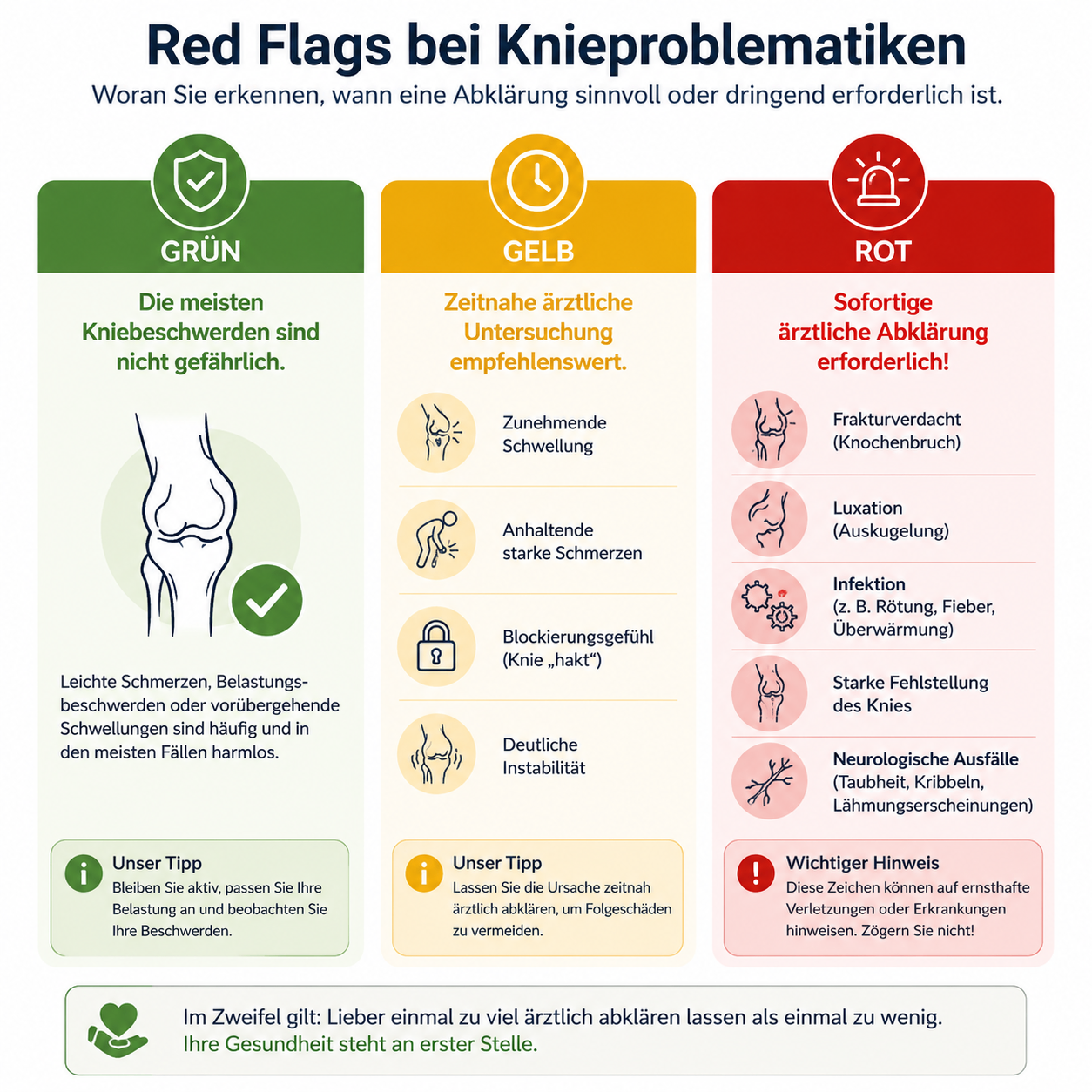 Infografik zu Red Flags bei Knieproblematiken
